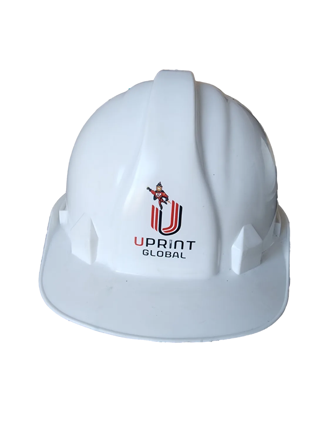 A white safety helmet with a full colour logo printed on it