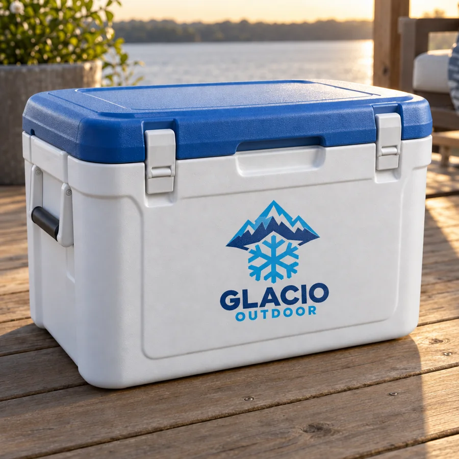 Mock-up: a white and blue cooler box with the Glacio Outdoor logo printed on the front