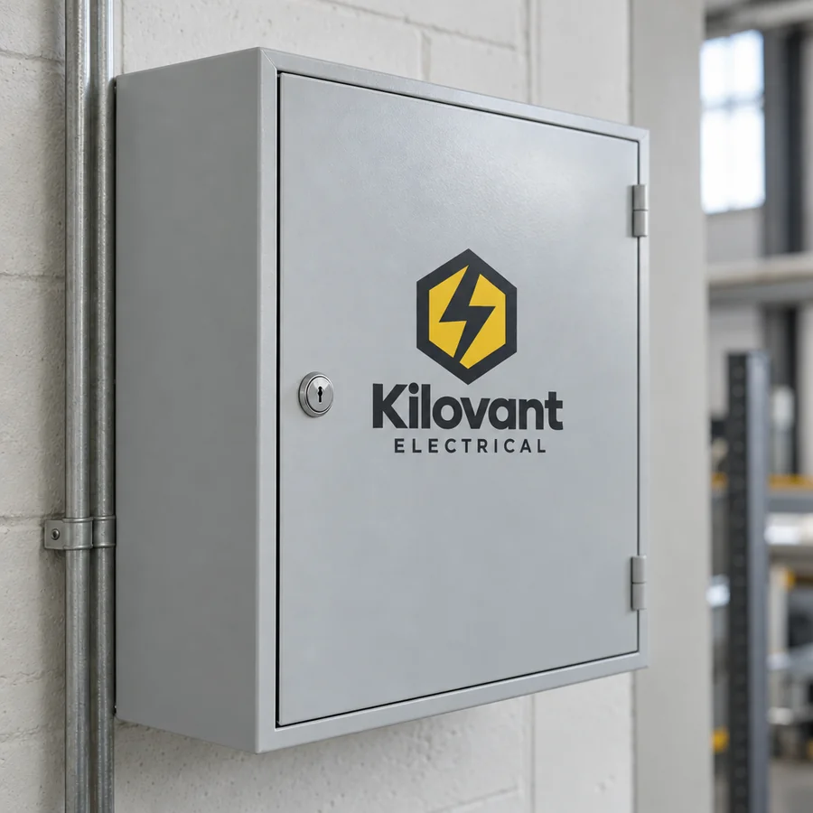 Mock-up: a grey electrical enclosure with the Kilovant Electrical logo printed on the door