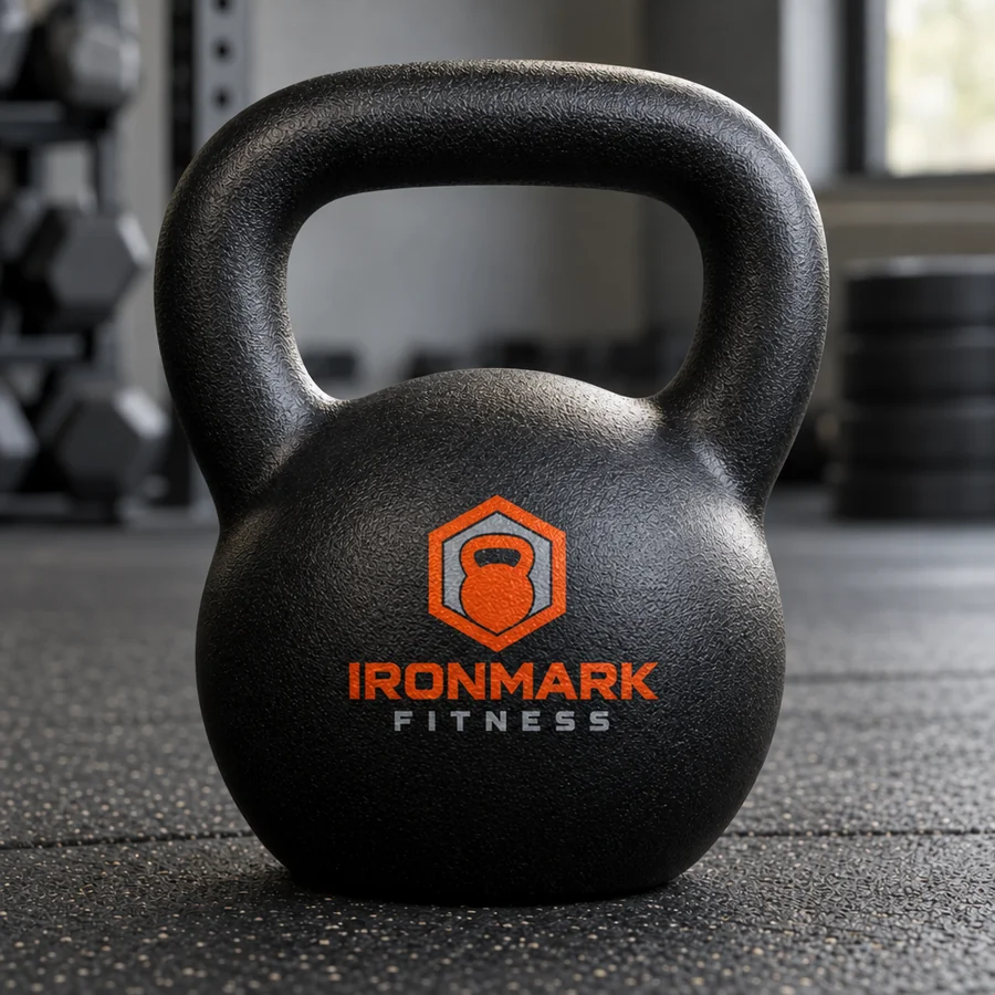 Mock-up: a black cast iron kettlebell with the Ironmark Fitness logo printed on the body