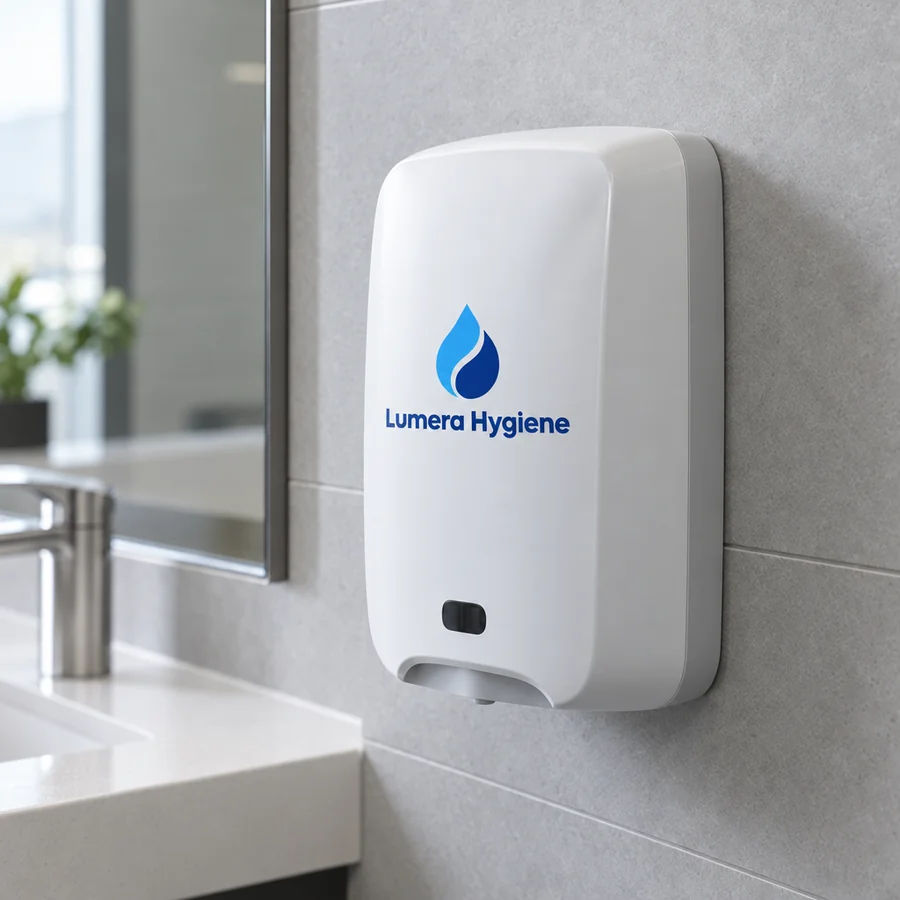 Mock-up: a wall-mounted soap dispenser with the Lumera Hygiene logo printed on the front