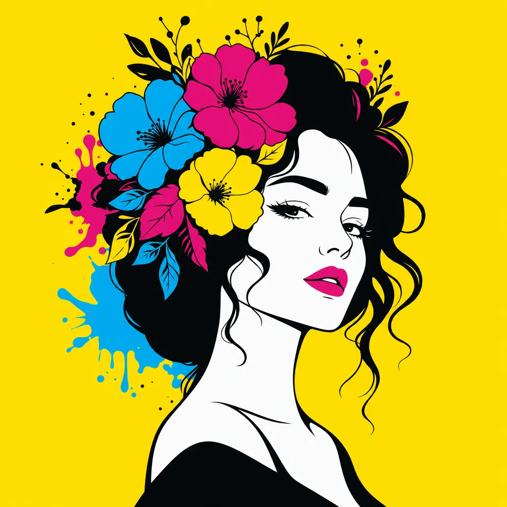 Bold flat vector illustration of a woman with pink, blue and yellow flowers in her hair on a bright yellow background, generated by the software