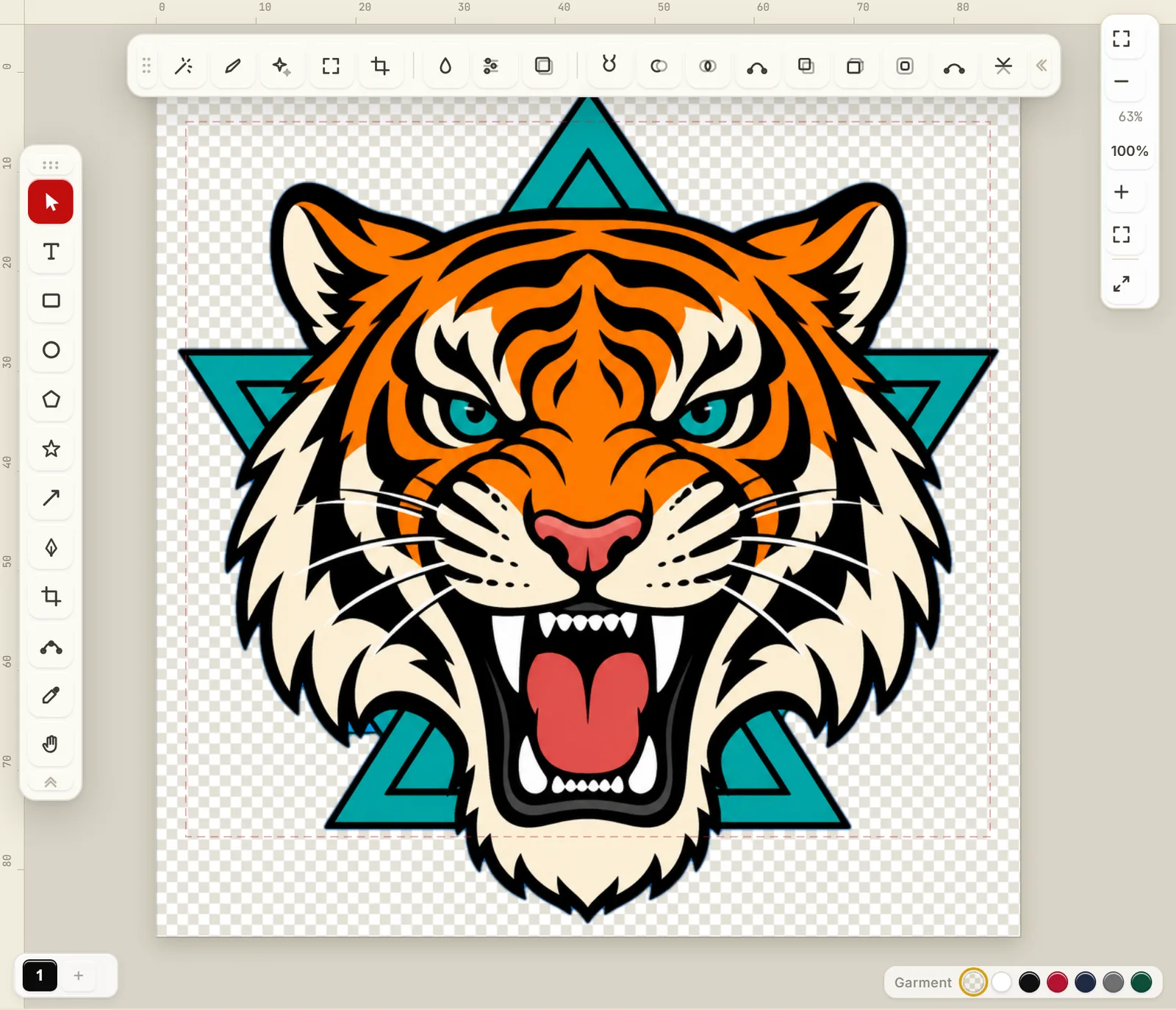 The same tiger on the design canvas after the AI cut-out, the blue gone and the transparency checkerboard showing through, with the teal star behind the tiger kept and the whiskers intact