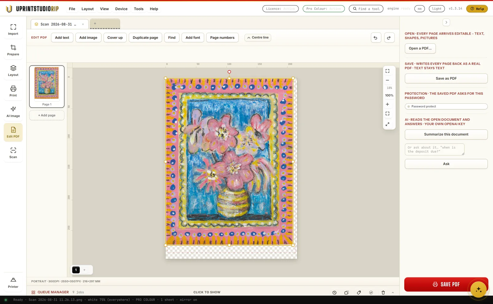 The same card after the crop: the white glass margin is gone and shows as the transparency checkerboard, and the artwork fills the frame ready to print