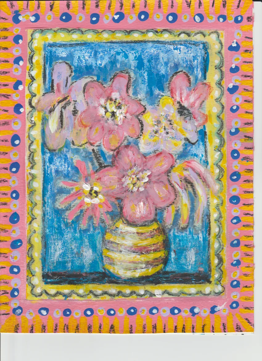 A hand painted card of pink flowers in a striped vase on a blue ground, inside a yellow and pink patterned border, as it came off the scanner glass with a white margin down the right side and along the bottom