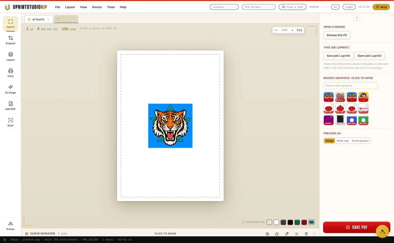 The Import step in UPrint Studio RIP, with the drop zone and the numbered one to four workflow stepper beneath it