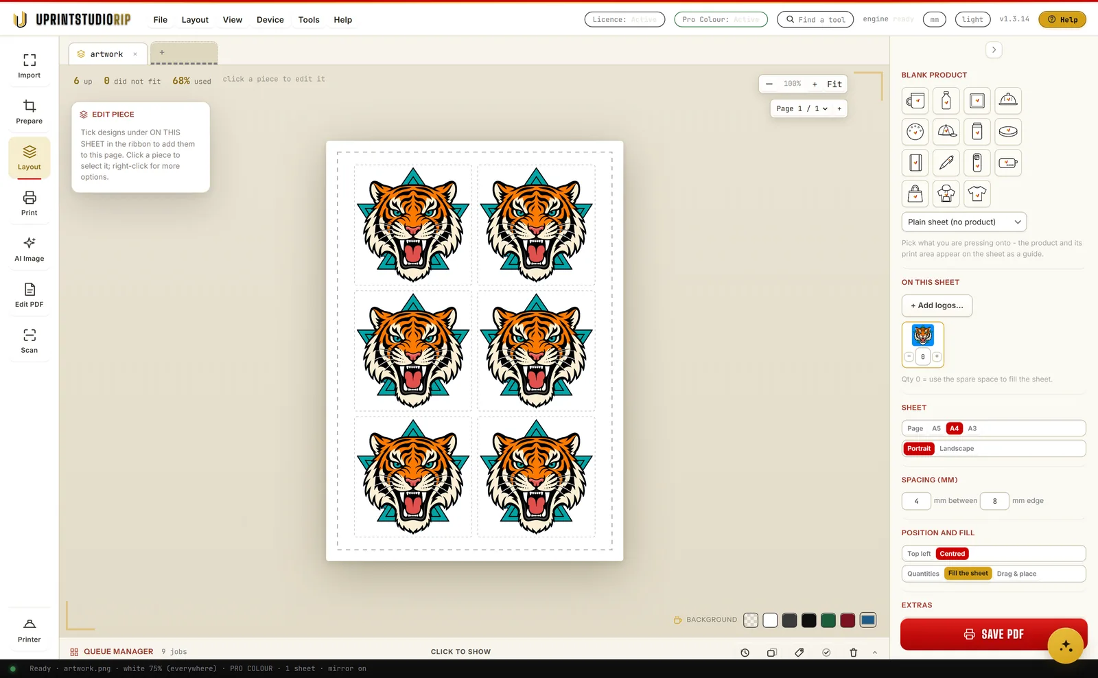 The Layout step in UPrint Studio RIP with Fill the sheet turned on: six copies of the cut-out tiger tiled two across and three down on an A4 sheet, reading 6 up, 0 did not fit, 68 percent used