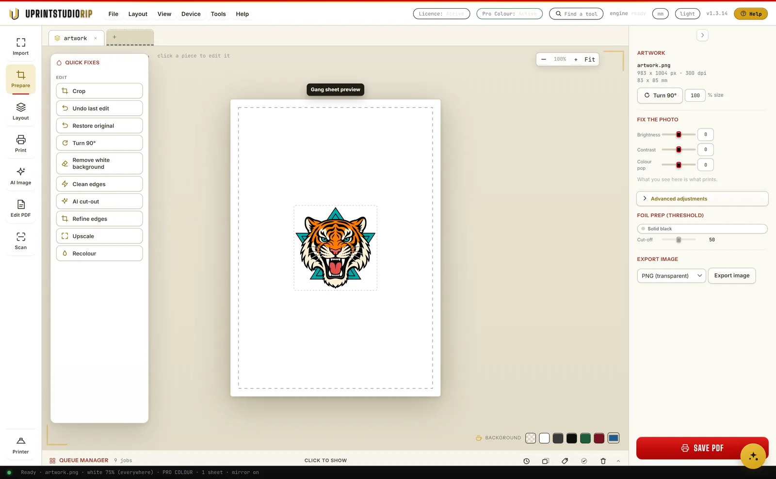 The Prepare step in UPrint Studio RIP just after an AI cut-out: the tiger artwork now has no background, and the Quick Fixes list offers crop, undo last edit, restore original, turn, remove white background, clean edges, AI cut-out, refine edges, upscale and recolour