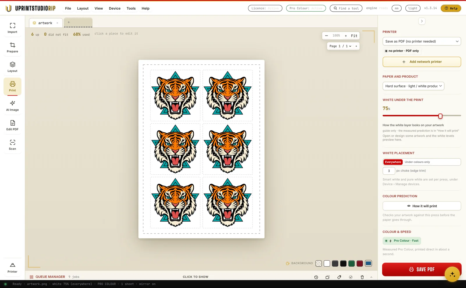 The Print step in UPrint Studio RIP: the same six tigers on the sheet, with printer, paper and product, white under the print at 75 percent, white placement set to everywhere with a pixel choke, and a How it will print colour prediction button