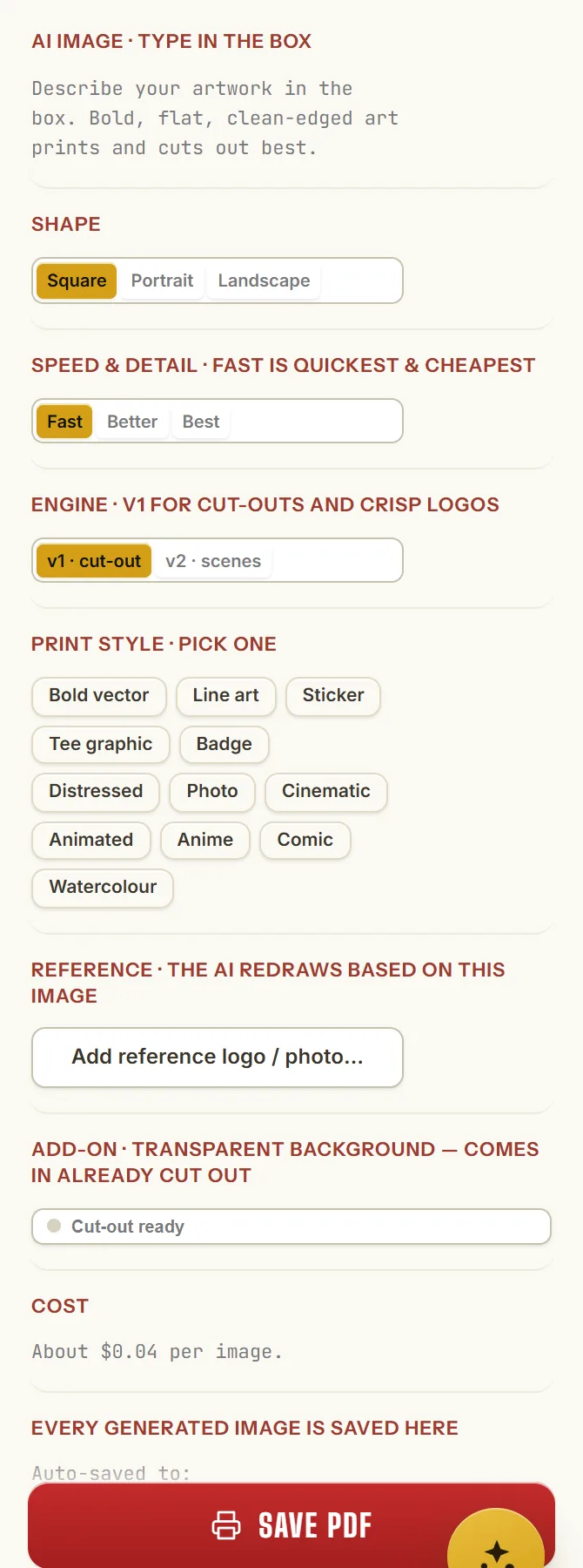 The AI Image panel: shape, speed and detail, engine, eleven print styles, a reference image slot, a cut-out ready add on, and the cost per image
