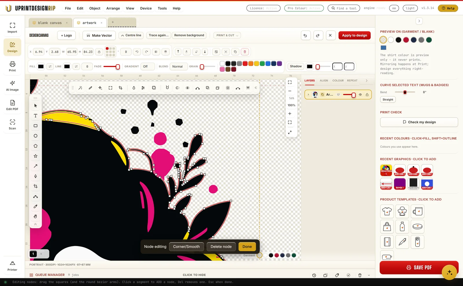 The design canvas zoomed into a traced illustration, every curve showing its editable node handles, with the node editing bar offering Corner or Smooth, Delete node, and Done