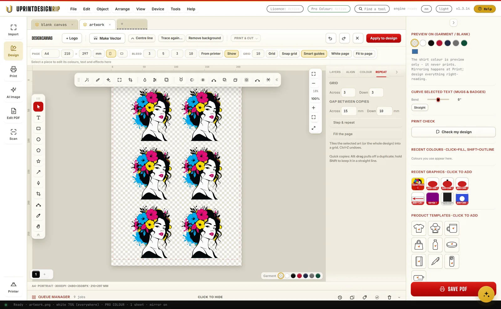 An A4 page in the design canvas filled with six copies of the same traced artwork in two columns and three rows, with the Repeat panel open showing a 15mm gap across and 10mm down