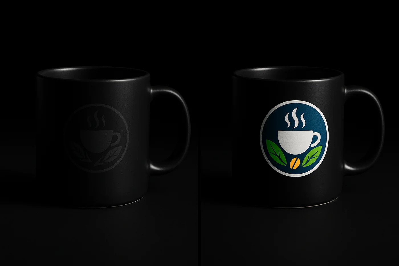 Dull faded print versus bright opaque white-backed print on dark mugs